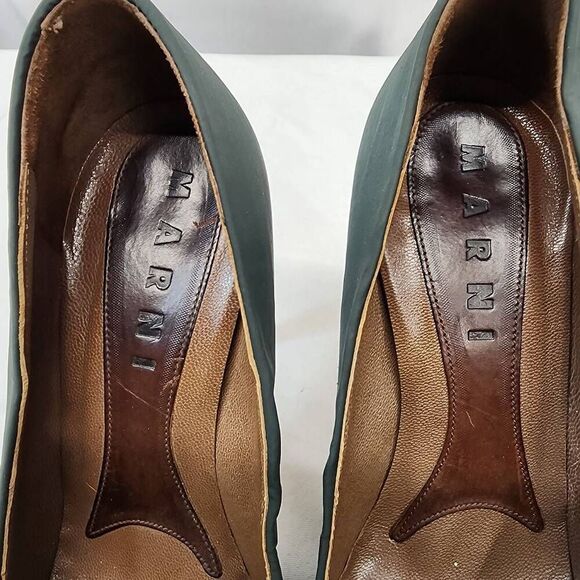 Marni Women's EU 35.5 US 5 Green Satin Wooden Platform High Heels - Picture 5 of 9